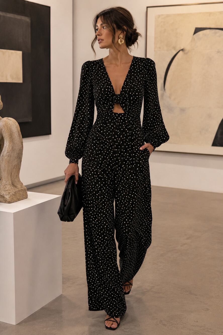 Faithfull the Brand Black Polka Dot Jumpsuit US 8 Twist Front Wide Leg Cutout